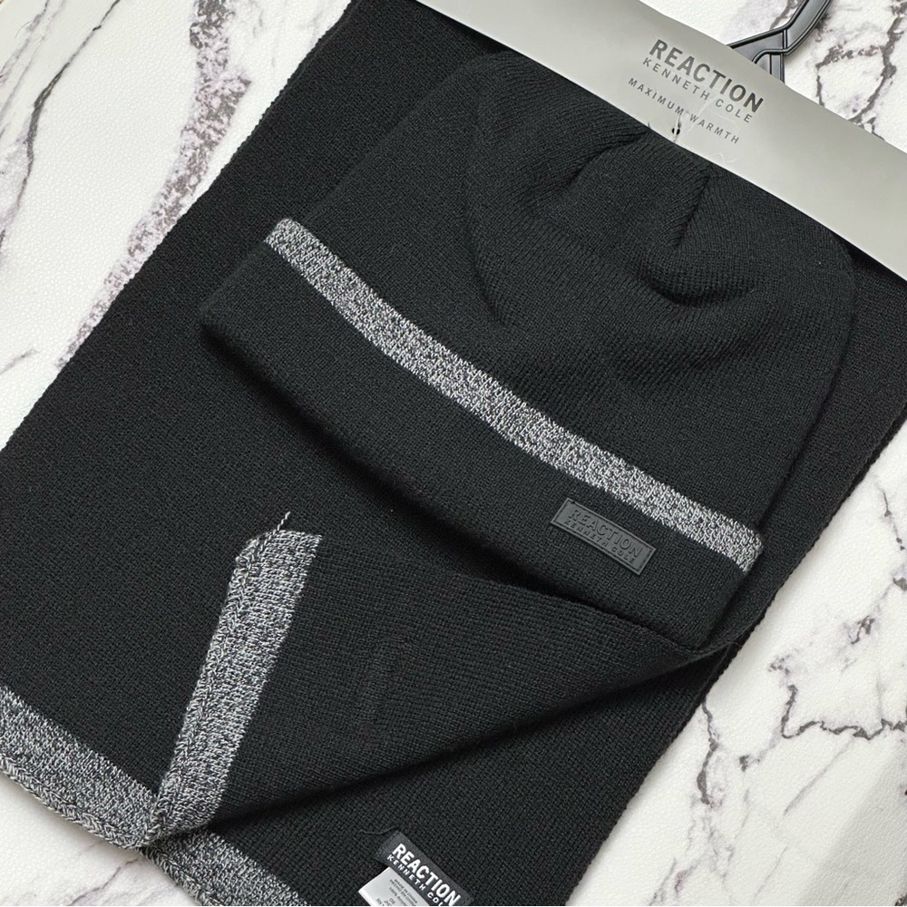 Reaction Kenneth Cole Men’s Gift Set Winter Scarf Cuffed Beanie Hat Black NWT
